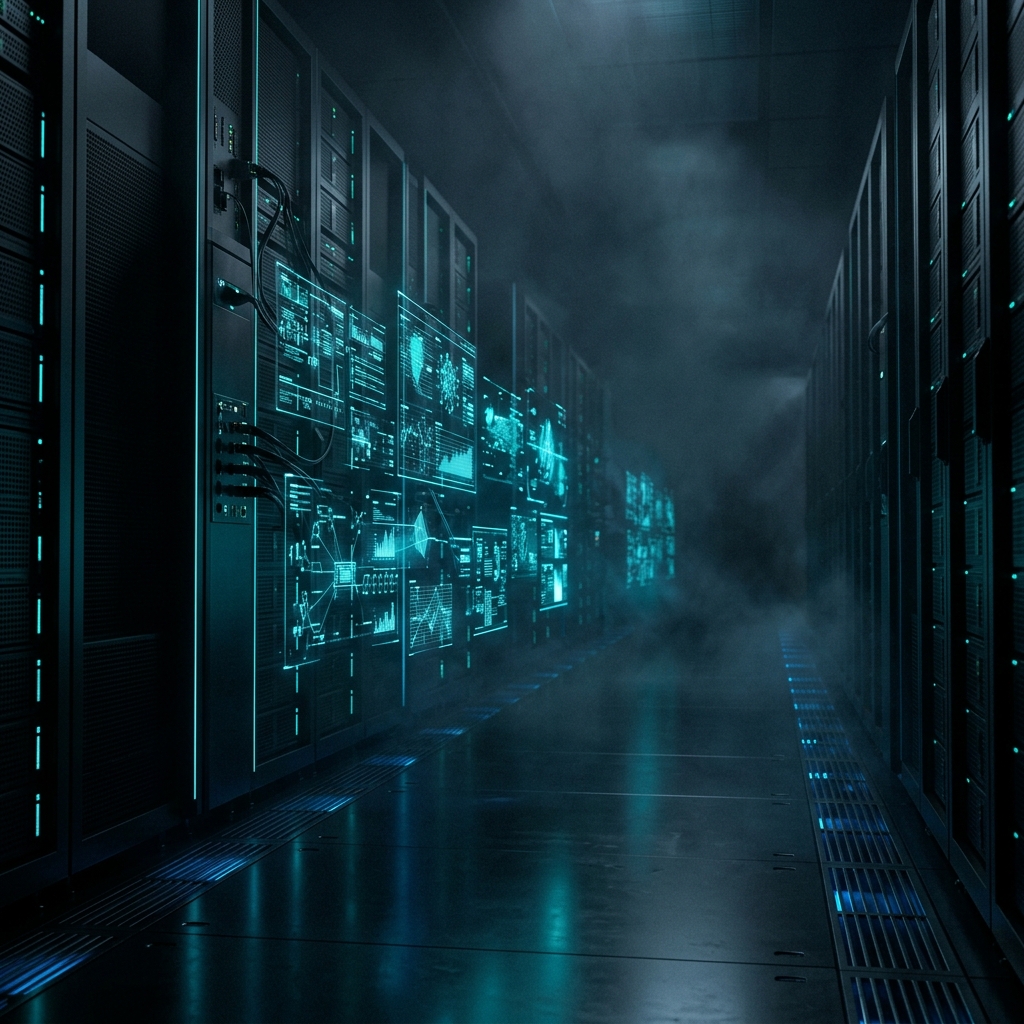 Centro de datos futurista con iluminación teal