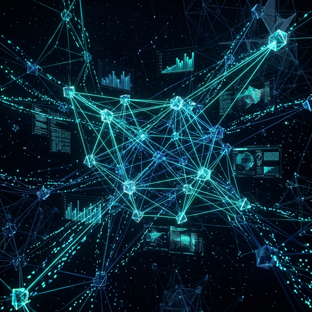Visualización abstracta de conectividad neural y flujo de datos